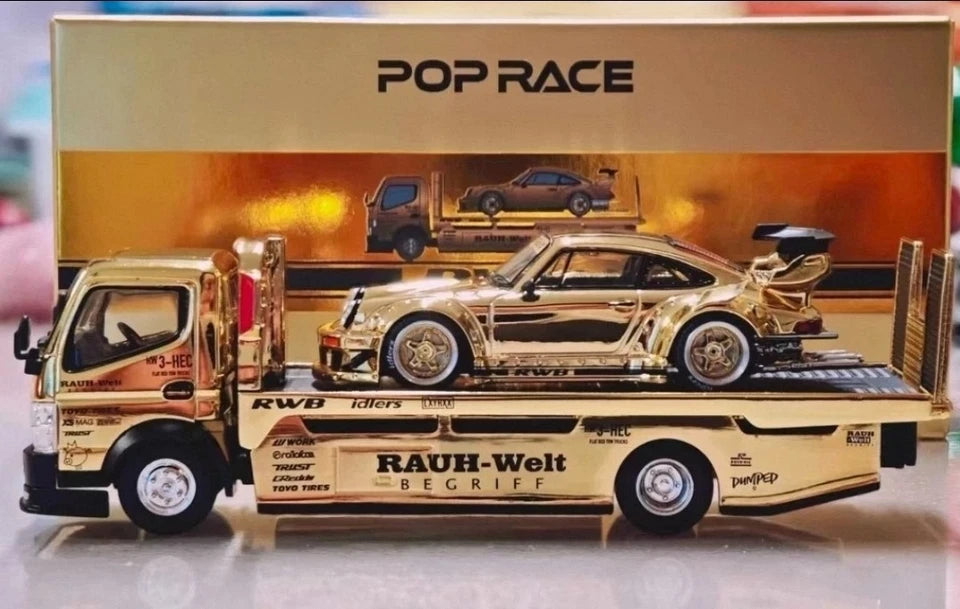 Pop Race 1:64 Porsche RWB 930 & RWB Truck Chrome Gold RWB Set HEC 2026