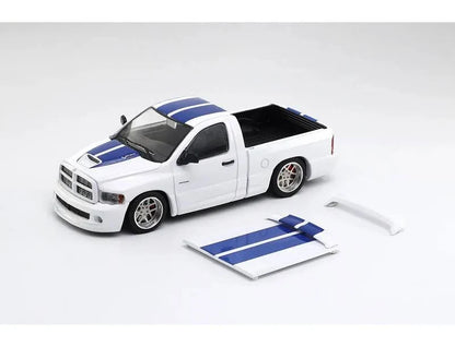 2003 Dodge Ram SRT-10 Pickup Truck White with Blue Stripes 1/64 Diecast Model Car by Shoom64 Models