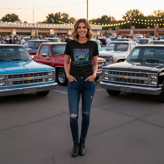 Woman wearing black CRUISE NIGHT CHEVY t-shirt with Silverado squarebody background