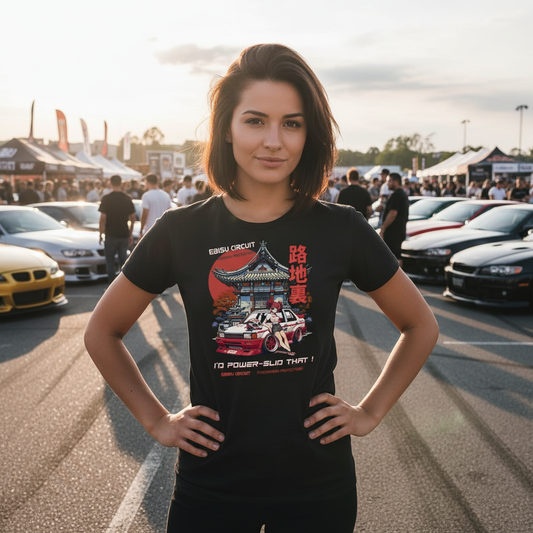 Woman wearing black EBISU CIRCUIT t-shirt at car show