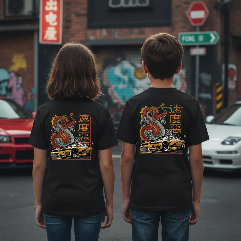 Youth girl and boy modeling JDM Dragon t-shirt