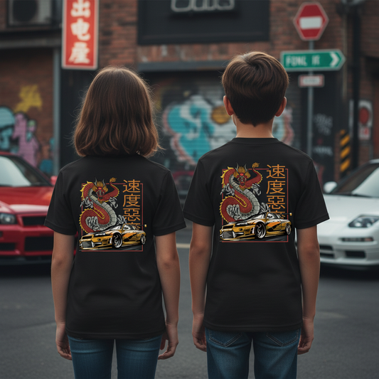 Youth girl and boy modeling JDM Dragon t-shirt