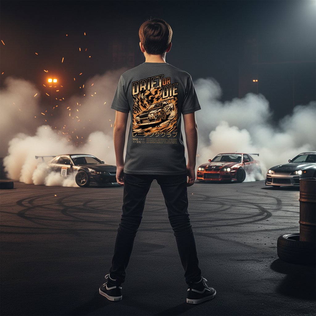 Youth model wearing Drift Or Die t-shirt with car background