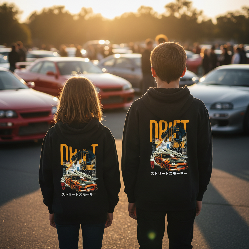Youth models wearing Drift King Fleece Hoodie at car meet