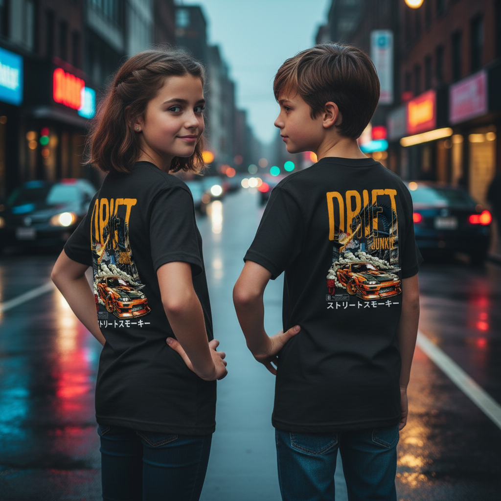 Youth models wearing Drift King T-Shirt with back design
